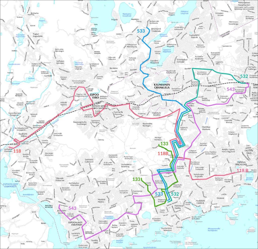 tapaan liikennöi bussilinjaa, mutta Hiiralantien pysäkit ja Westendinasema ovat kohtuullisen kävelymatkan päässä. Westendinasema on runkolinjan 550 päätepysäkki.