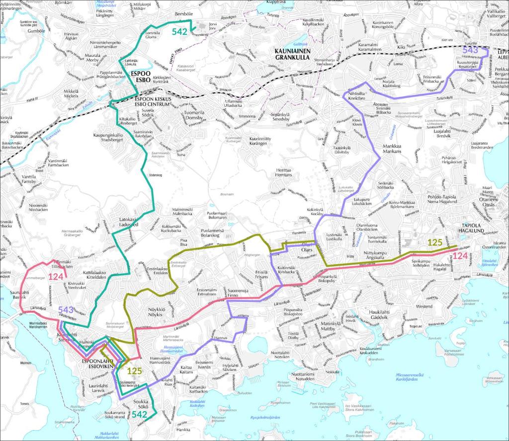 Kuva 26. Espoonlahden suuralueen yhteydet, jotka eivät pääty Matinkylän metroasemalle.