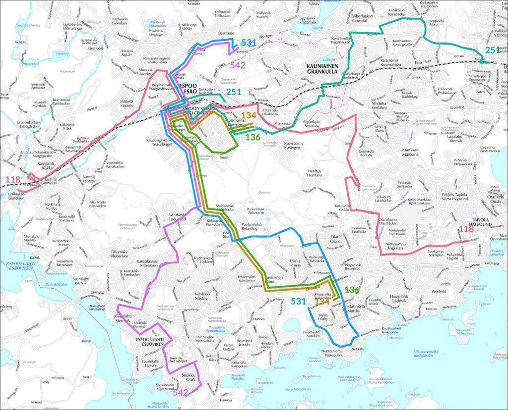 den ja Tapiolan kaupunkikeskukset luomalla reittinsä varrelle hyviä vaihtomahdollisuuksia mm. Espoonlahden, Finnoontien, Olarin ja Tapiolan linjoihin.