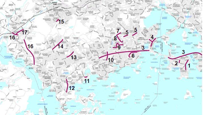 Kuva 37. Katu- ja tieosuudet, joilta poistuu bussiliikenne.