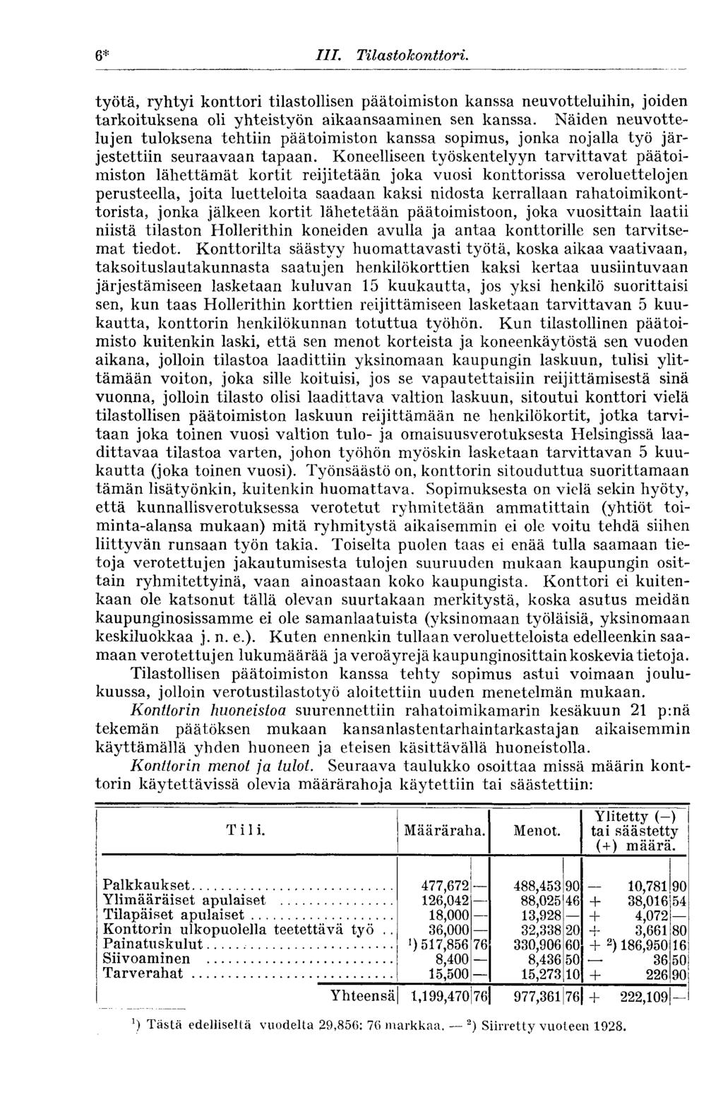 6* III. Tilastokonttori. työtä, ryhtyi konttori tilastollisen päätoimiston kanssa neuvotteluihin, joiden tarkoituksena oli yhteistyön aikaansaaminen sen kanssa.