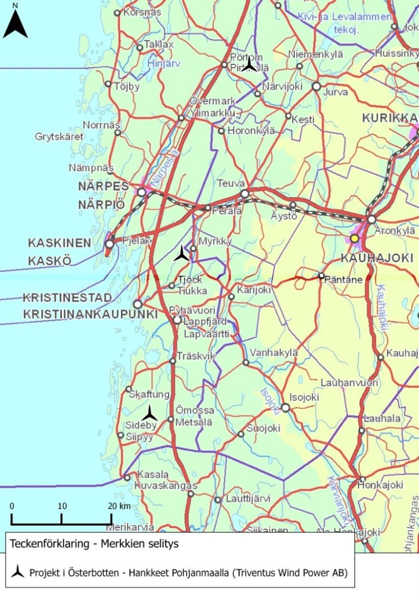 sa. Triventus Wind Power AB:llä on meneillään kolme hanketta Pohjanmaalla: Kristiinankaupungin pohjoisosassa, Västervikissä ja Pirttikylässä. Hankkeiden sijainti näkyy alla olevassa kartassa (Kuva 2).