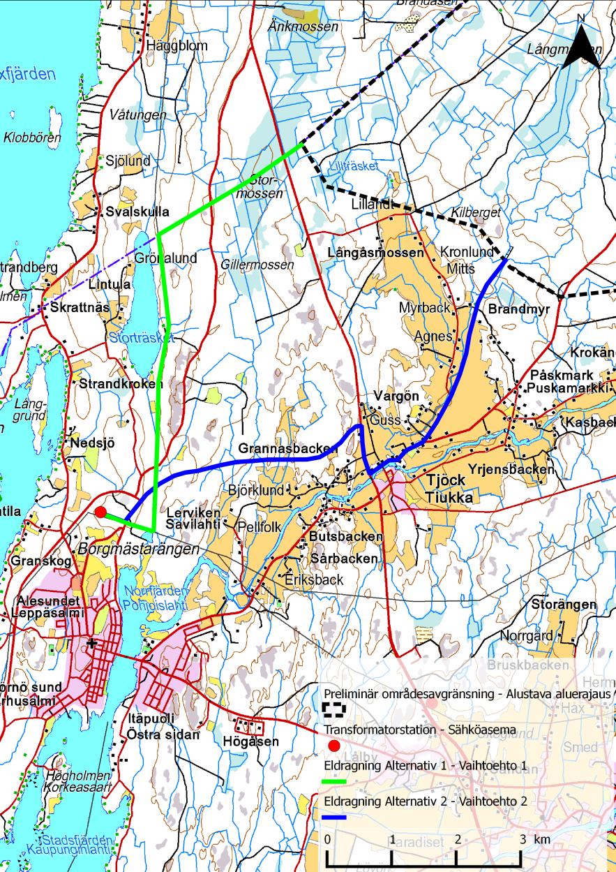 5.2 Sähkönsiirron vaihtoehdot Arviointiselostuksessa on tarkoitus arvioida kaksi hankkeen verkkoliityntävaihtoehtoa. Vaihtoehdot on oheisessa kuvassa (Kuva 11).