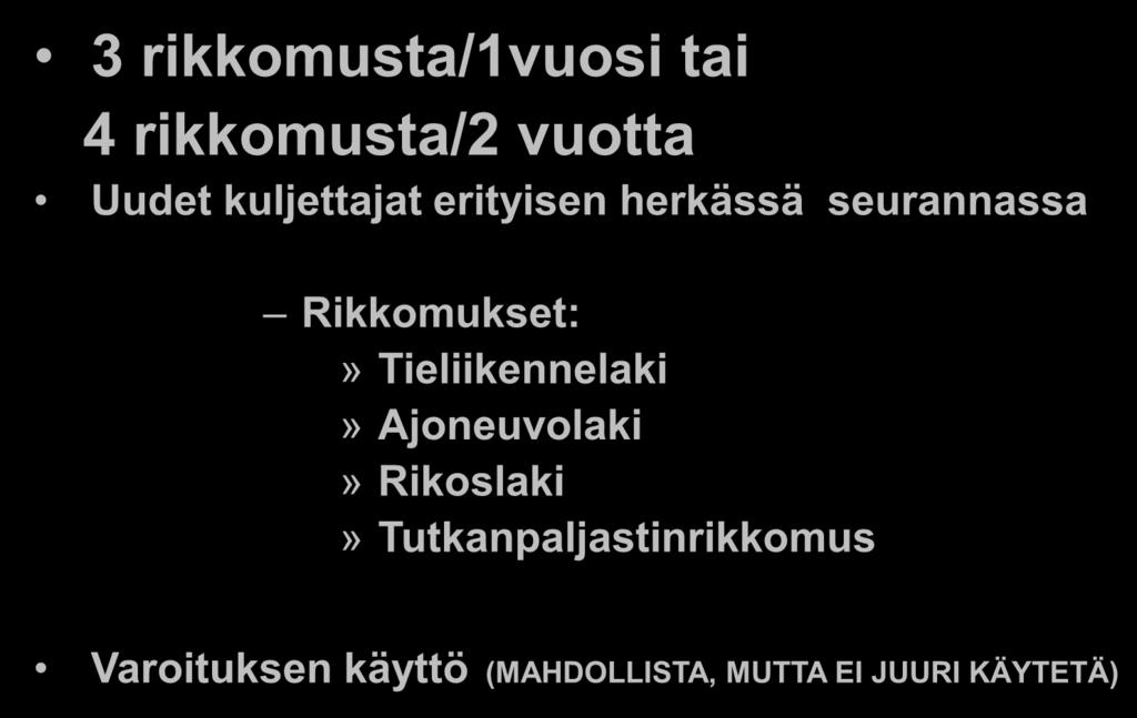 seurannassa Rikkomukset:» Tieliikennelaki» Ajoneuvolaki» Rikoslaki»