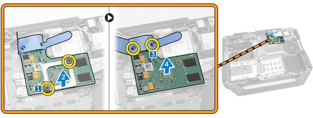 c. Irrota ruuvit, joilla vetokieleke kiinnittyy GPU-korttiin [3]. d. Nosta GPU-kortti pois tietokoneesta [4]. GPU-kortin asentaminen 1. Aseta GPU-kortti tietokoneeseen. 2.