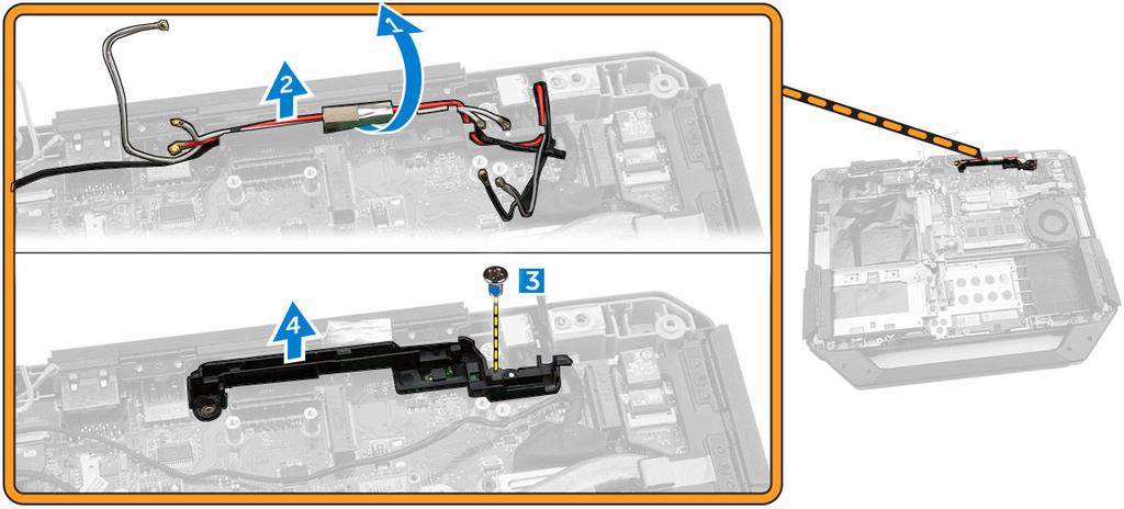 e. GPS-kiinnike f. WLAN-kortti g. Telakkakortti 3. Suorita seuraavat vaiheet kuvan mukaisesti: a. Vapauta antennikaapelit [1]. b. Irrota antennikaapelit [2]. c.