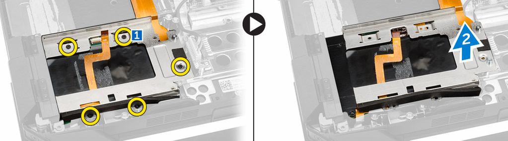 SSD-kiinnikkeen asentaminen 1. Aseta SSD-kiinnike tietokoneeseen. 2. Kiristä SSD-kiinnikkeen kiinnittävät ruuvit. 3. Liimaa teippi tietokoneeseen. 4. Kytke SSD-kiinnikkeen kaapeli tietokoneeseen. 5.