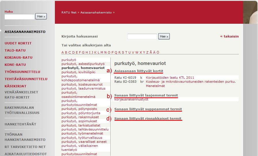 5 2.4 Asiasanan klikkaamisen jälkeen: a) Näet mitä Ratukortteja löytyy asiasanaan liittyen b) Näet