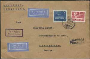85, on Swedish stamps, 10 öre Night Mail Aeroplane and 15 öre Swedish Parliament, together with LAIVAKIRJE PAQUEBOT, on cover sent with airmail