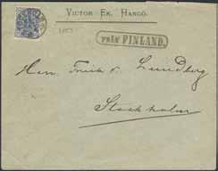 SPECIAL SECTION postal history 153 152 154 156 155 157 158 159 152 23 FINLAND Hangö-Stockholm route. Swedish circle cancellation STOCKHOLM K.E. 12.6.1889, on Finnish stamp 25 p Coat-of- Arms typ m/75, together with boxed cancellation FRÅN FINLAND, on cover sent to Sweden.