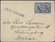 Swedish single line cancellation FRÅN FINLAND in violet colour, on Finnish stamps 2 5+2 20 p Definitive series I, on