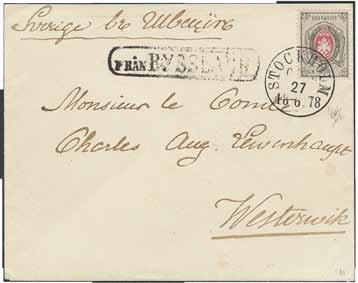 SPECIAL SECTION postal history 180 26 4.000 RUSSIA. St. Petersburg-Stockholm route. Cover with 8 kopek, cancelled STOCKHOLM OKE 27.6.1878 and on the side boxed cancellation FRÅN RYSSLAND.