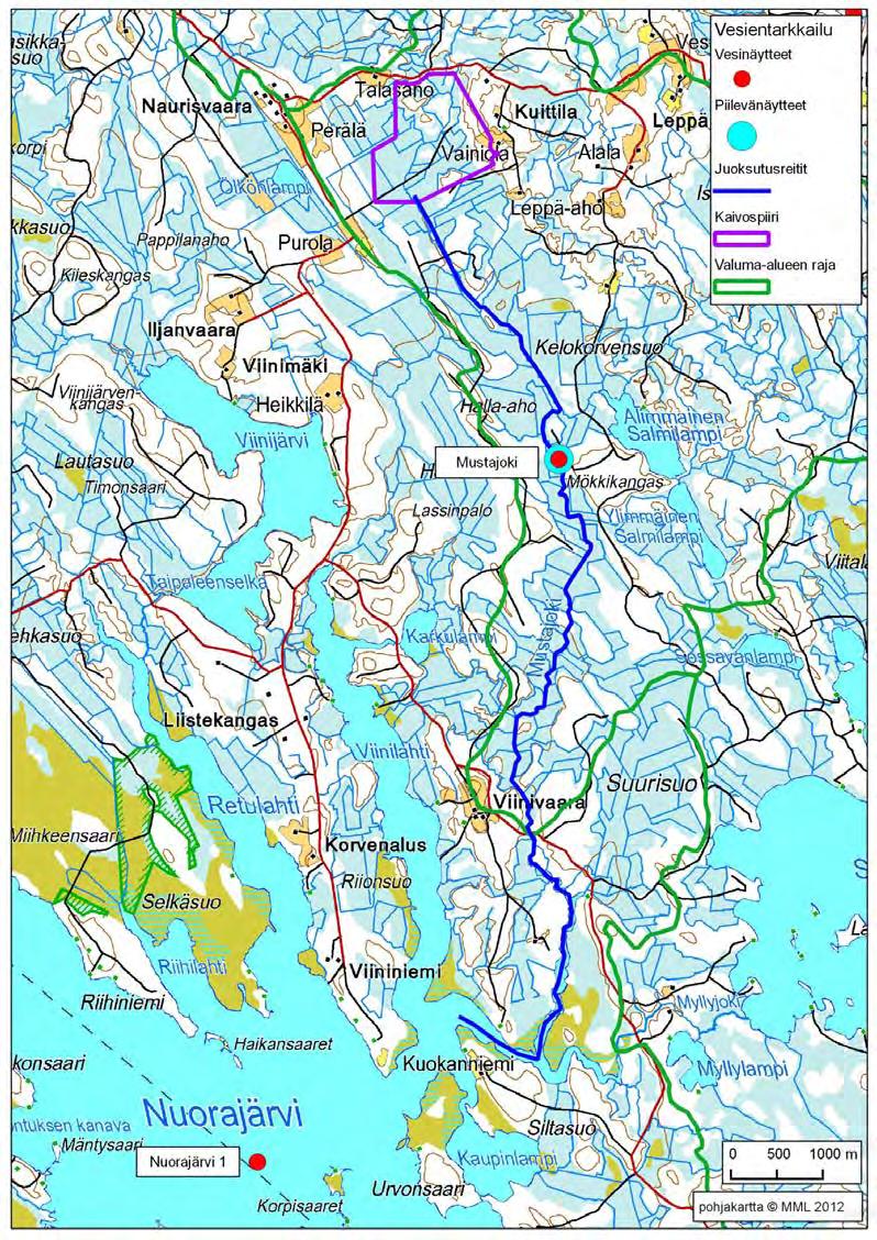 105 / 308 Kuva 33. Kuittilan selvitysalueen vesien johtaminen sekä vesinäytepisteet. Niin Mustajoen kuin Nuorajärvenkin vesi on hapanta, humus- ja rautapitoista (taulukko 23).