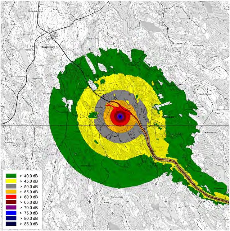 155 / 308 Kuva 47. Päiväaikaiset keskiäänitasot mallinnuksen mukaan Kuiviston kaivospiirin ympäristössä, kun koneet ovat alkuperäisen maanpinnan tasolla.