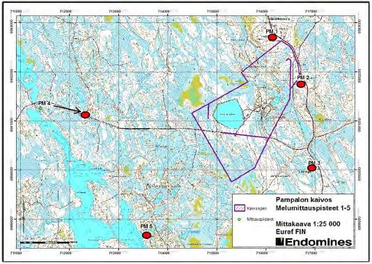 157 / 308 kanssa suunnilleen samalle etäisyydelle mittauspisteestä PM1 ja PM4. Mittauspisteistä PM2, PM3 ja PM5 Pampalo NW:n avolouhos sijaitsee noin kilometrin kauempana.