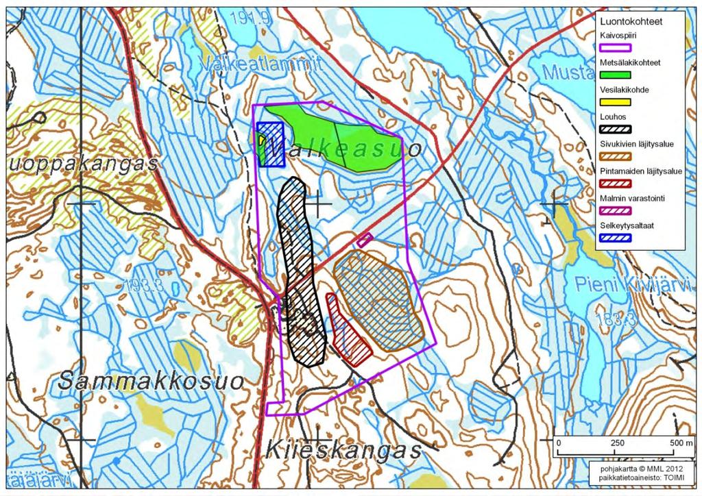 178 / 308 Kuva 59. Hoskon metsälakikohteet ja vesilain nojalla suojeltu lampi. Alueella on tehty luontoselvitys myös vuoden 2008 syyskuussa (liite 11).