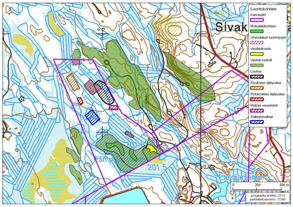 183 / 308 Kuva 62. Pampalo NW; metsälakikohteet, vesilain suojelema lampi ja uhanalaiset luontotyypit. Kuvassa näkyy myös hankealueen ulkopuolella sijaitsevat vanhan metsän saarekkeet.