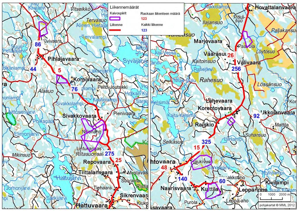 199 / 308 Kuva 70. Hankealueiden vaikutuspiirissä olevien teiden nykyiset kokonaisliikennemäärät (siniset numerot) ja raskaan liikenteen määrät (punaiset numerot).