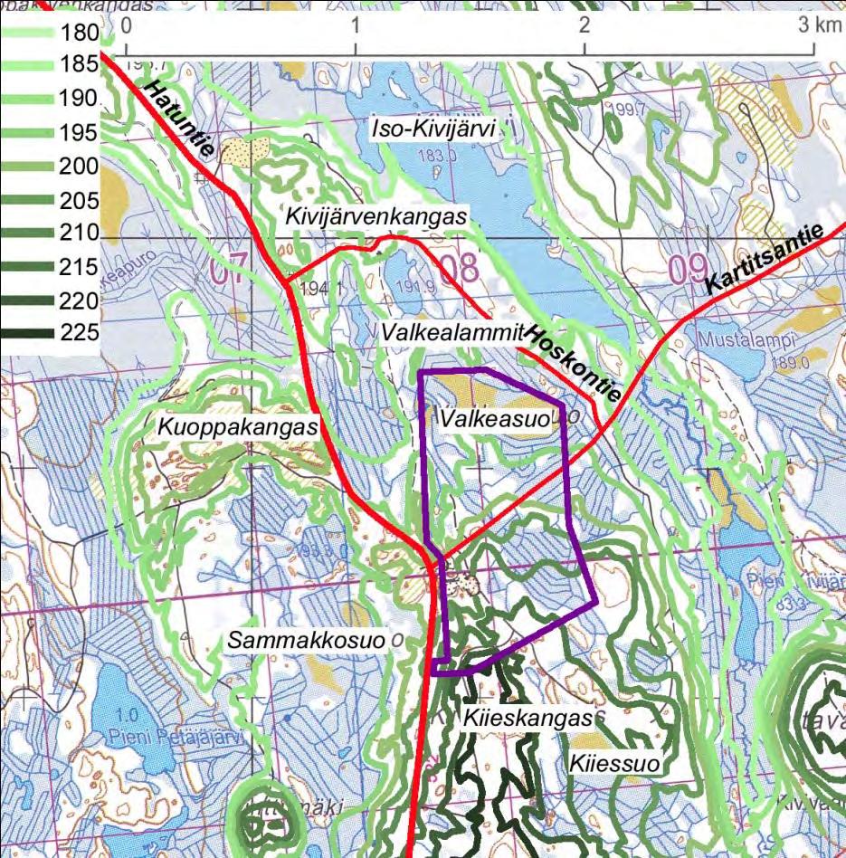 224 / 308 16.1.9 Hoskon hankealue Hoskon hankealue sijaitsee Hatuntien varressa Hattuvaaran kylästä n. 20 kilometriä pohjoiseen. Hatuntie Hoskon kohdalla on sorapäällysteinen.