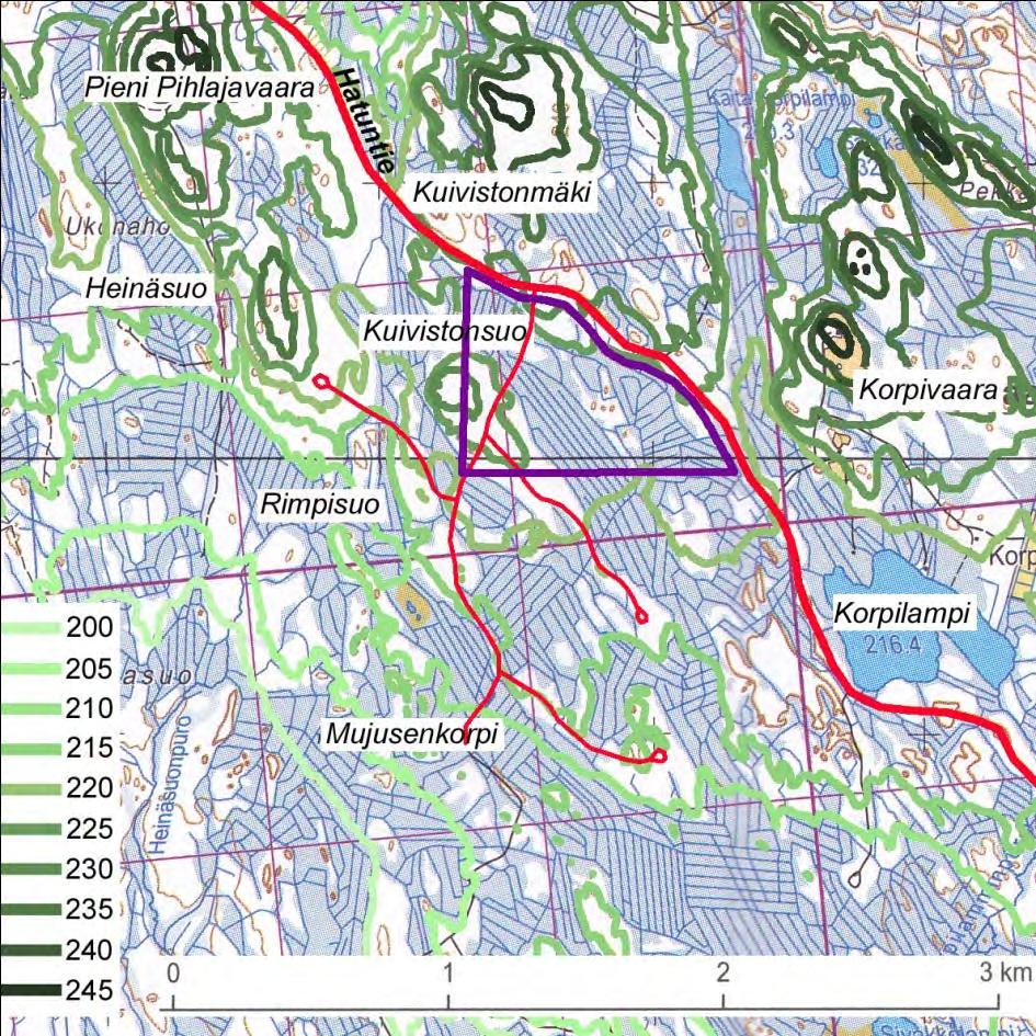 metsäautotien risteys. (kuvat: Kaija Maunula) Topografia Pääosa Kuiviston hankealueesta sijoittuu Kuivistonsuolle (215 220 mpy).