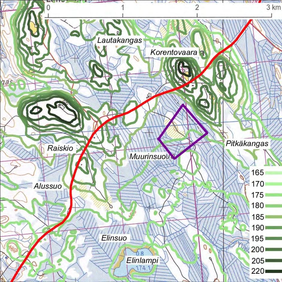 237 / 308 Kuva 106. Muurinsuon hankealueen topografia. Luvut kuvastavat korkeussuhteita mpy.