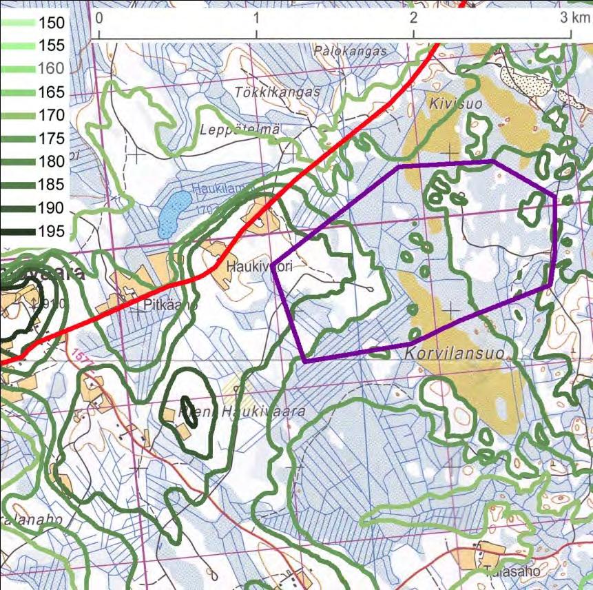 240 / 308 Kuva 110. Korvilansuon hankealueen topografia. Luvut kuvastavat korkeussuhteita mpy.