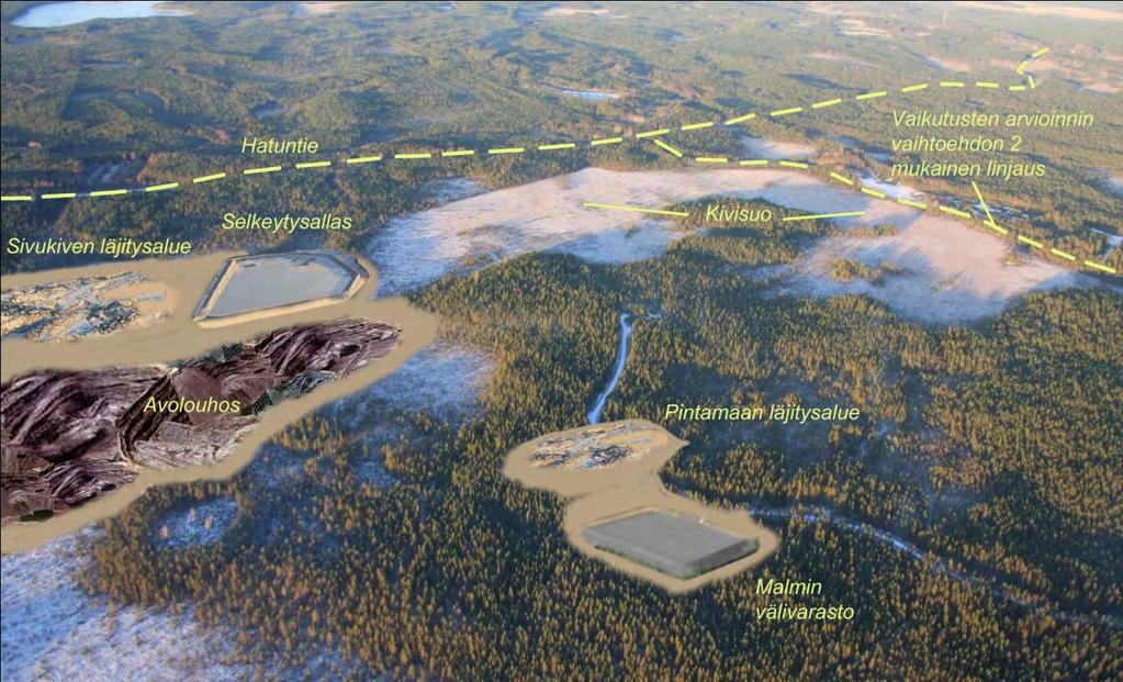 253 / 308 Vaihtoehto 1 Kaivosalue rakennetaan. Tasaus-, selkeytys- ja keräilyaltaat sijoittuvat lähimmäksi Hatuntietä, jolle niiltä tulee matkaa n. 600 metriä. Avolouhos sijoittuu Hatuntieltä n.