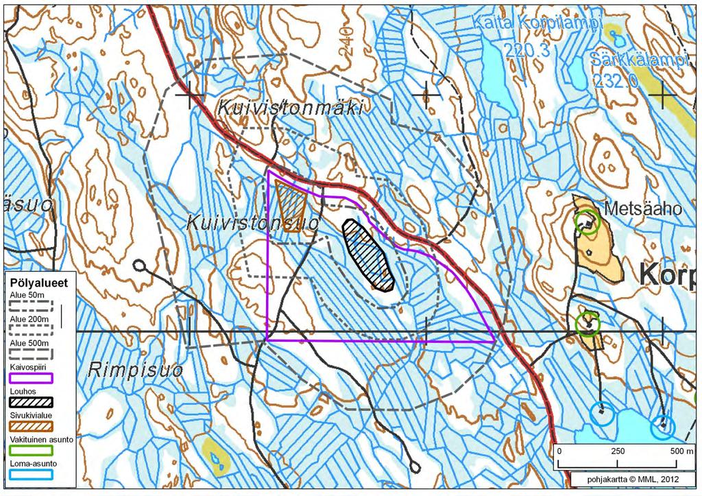 69 / 308 7.4.2 Kuivisto Kuivistossa lähimmät asunnot sijaitsevat yli 800 m päässä louhos- ja sivukivialueista (kuva 22).