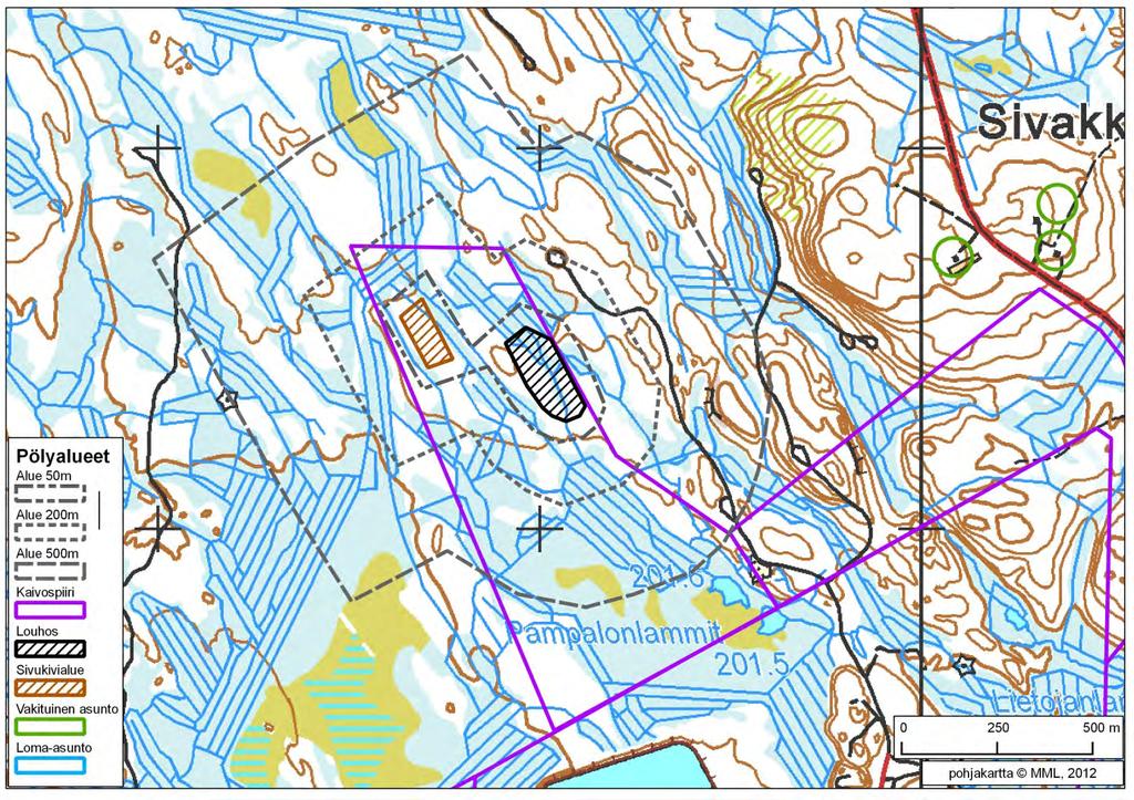 70 / 308 7.4.3 Pampalo NW Lähimmät asuinrakennukset sijoittuvat noin 1 km:n etäisyydelle Pampalo NW:n louhos- ja sivukivialueista itään (kuva 23).