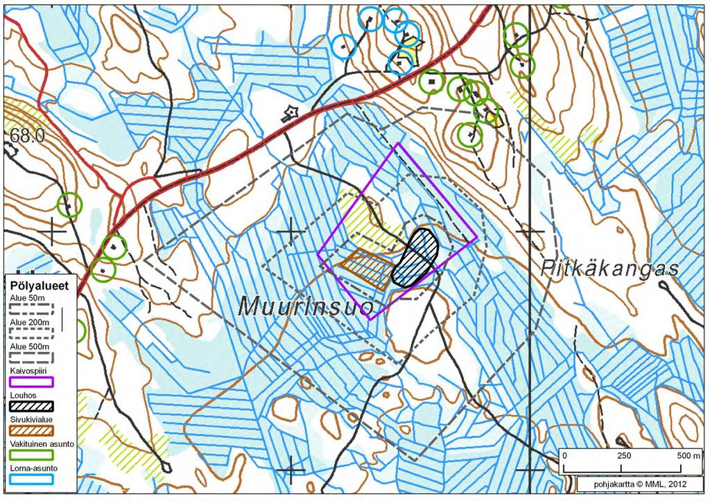 72 / 308 7.4.5 Muurinsuo Muurinsuon alueella lähin asutus sijoittuu n. 400 m päähän louhoksesta koilliseen sekä n. 600 m päähän sivukivialueesta länteen (kuva 25).