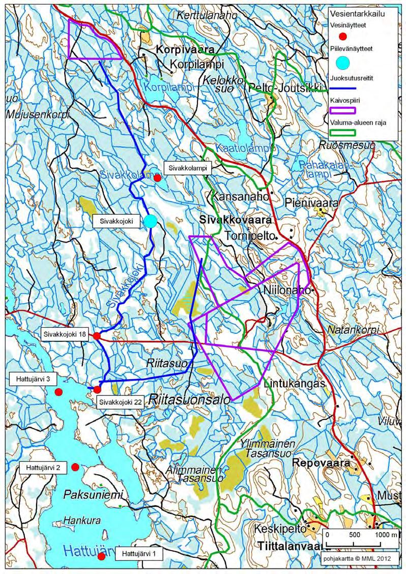 94 / 308 Kuva 29. Kuiviston ja Pampalo NW:n selvitysalueiden vesien johtaminen sekä vesinäytepisteet.