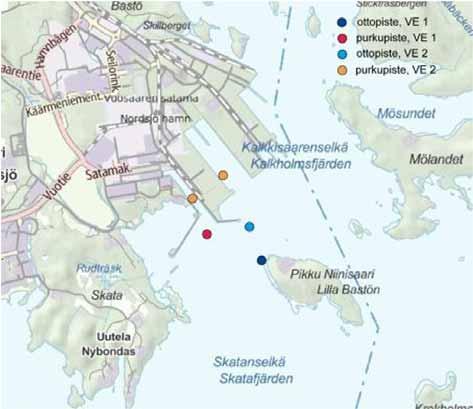 96 Kuva 11-1. Vaihtoehtoiset meriveden otto- ja purkupaikat. Virtauksen ja lämpötilan jakautuma eri tilanteissa lasketaan ja havainnollistetaan värillisin kuvin.