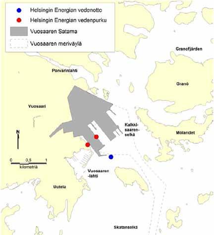 36 Kuva 9-11. Vuosaaren satama, satamaan johtava meriväylä sekä Helsingin Energian vedenotto- ja purkupaikat (Heitto & Vatanen 2012).