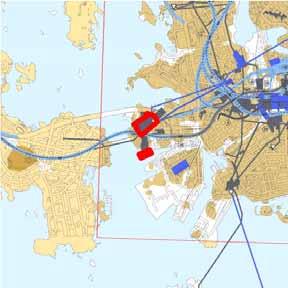 Alueen pohjoispuolella on osoitettu moottorikatu ja eteläpuolelle metro tai rautatie asemineen.