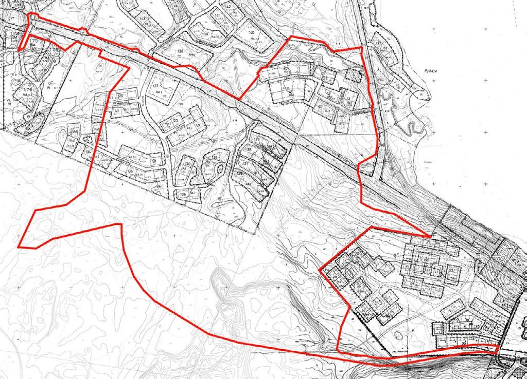 Kuva 9. Ote Pyhäjärven I ja II osa-alueen rantakaavasta. Asemakaavoitettava alue on rajattu punaisella. Osassa suunnittelualuetta on voimassa 22.4.
