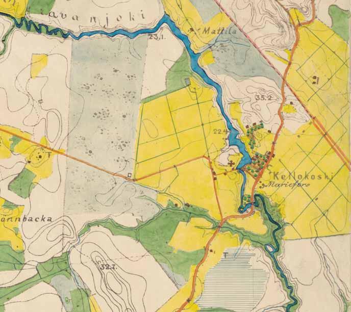 Kellokoski venäläisellä topografikartalla vuosien 1870 ja 1871 mittauksen perusteella. Keltainen alue on peltoa, vihreät pyörylät keltaisella taustalla puutarhaa.