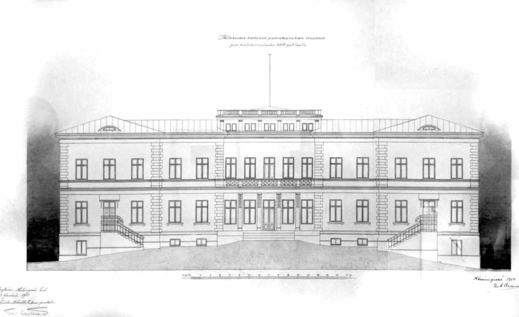 Kellokosken kartanon päärakennuksen muutos sairaalaksi, julkisivu länteen. Helsingissä 1914, E. A. Kranck.