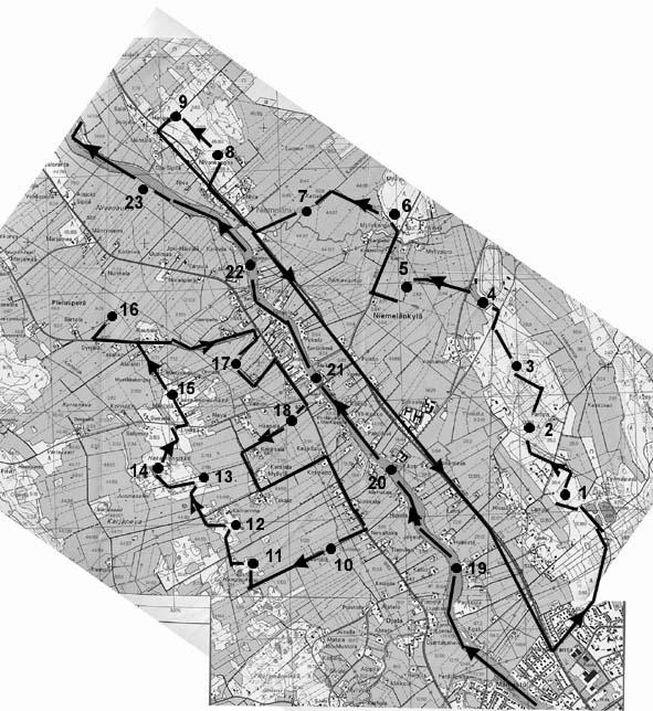 4 3.1. Menetelmät Linnustoselvitys tehtiin pistelaskentareittien avulla (kuva 1). Yhden reitin muodosti alueen läpi virtaava Kalajoki, joka laskettiin läpi kanootilla.