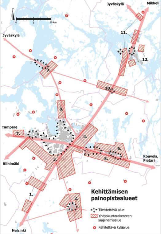 Kuva 3. Lahden seudun rakennemalli 2040. Kehittämisen painopistealueet.