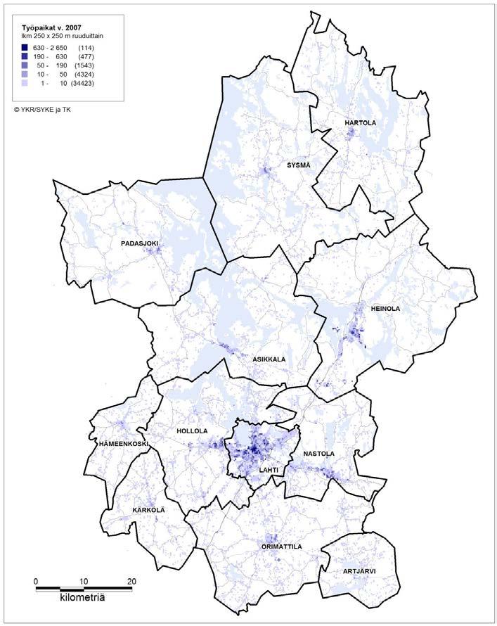 3.2 Palvelut Työpaikkatiheys on esitetty seuraavassa kuvassa. Eniten työpaikkoja on Lahdessa. Lisäksi seudulla kuntakeskuksissa on merkittävästi työpaikkoja.