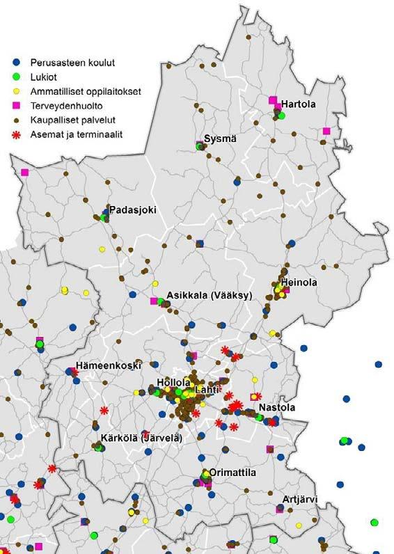 Seuraavassa kuvassa on esitetty palvelujen sijainteja. Kaupalliset palvelut perustuvat RHR-aineistoon. Kouluja koskeva aineisto on AVI:n.