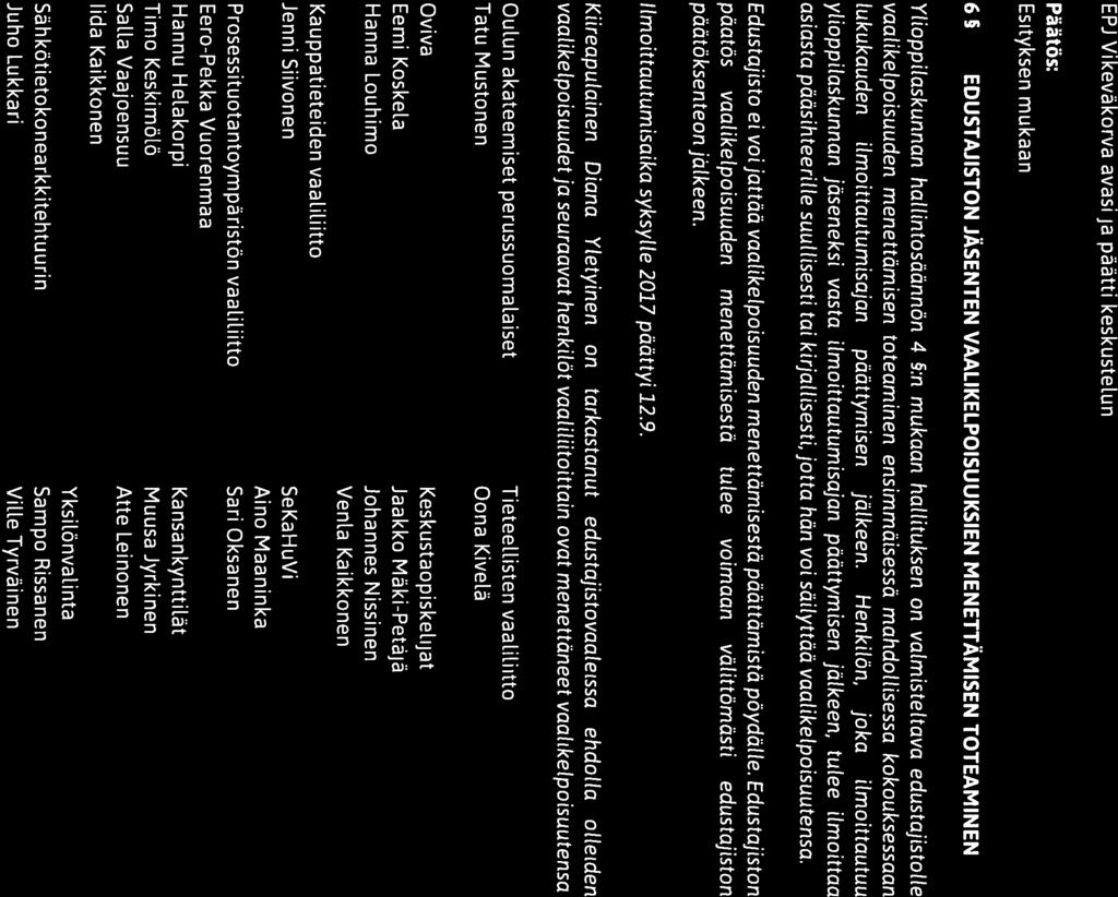 O 1&i/AV/! OULUN Päytäkirja J(( ( YLIOPISTON Kokouksen nro 4/2017 fl YLIOPPILASKUNTA EPJ Vikeväkorva avasi ja päätti keskusteun. Päätös: Esityksen mukaan.