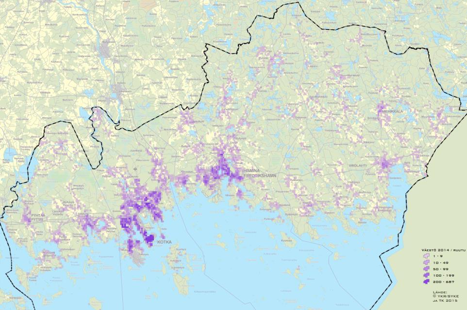 Muut väestöpohjaltaan/palvelutarjonnaltaan merkittävät asutus- ja palvelukeskittymät Kuva 13. Kotkan Haminan seudun väestö YKR-aineiston perusteella (2014). 4.5.