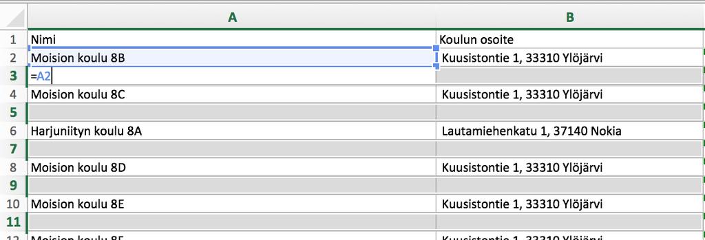 4.) Älä paina mitään näppäintä ennenaikaisesti vaan lue tämä kohta loppuun asti ennen kuin toimit. Kirjoita nyt seuraava komento =A2 ja paina ctrl+enter. Huom!