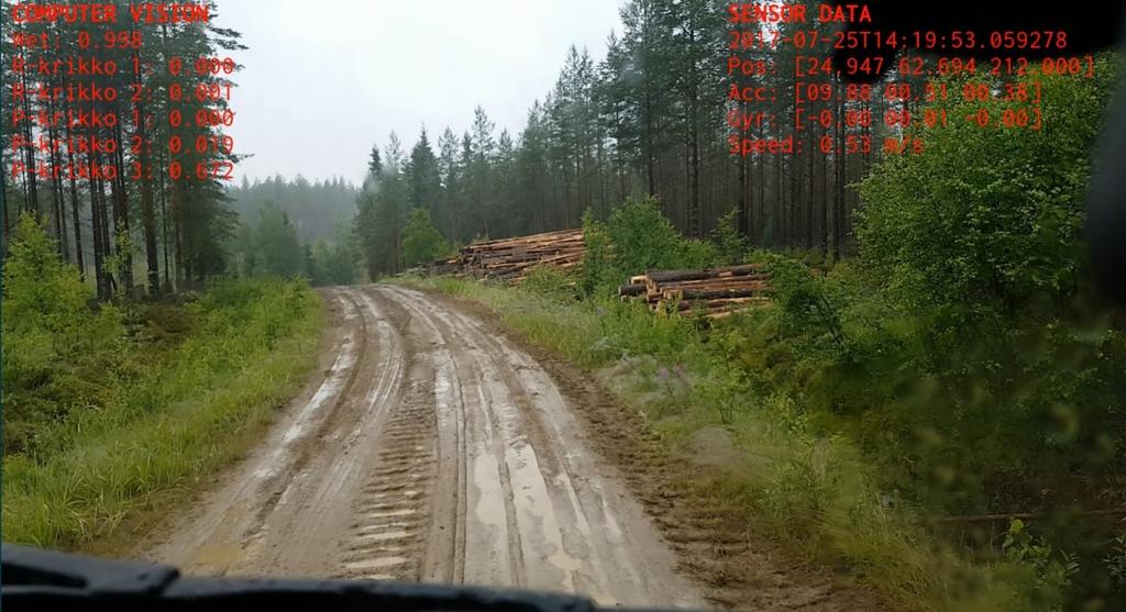 Kuvassa 14 on esitetty sekä konenäön (vasen yläkulma) että anturidata-analyysin (oikea yläkulma) raakatuloksia samasta kohdasta: pintakelirikon luokan 3 todennäköisyys on suuri (0,672), mutta