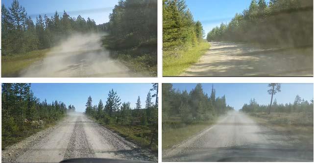 Kuva 20. Esimerkkikuvia sorateiden pölyävyydestä takalasista kuvattuna.