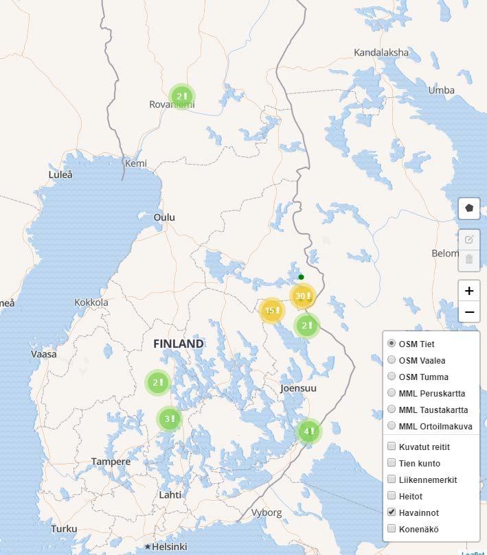 Kuljettajien painonapilla tekemät havainnot Pilotin III-vaiheessa kuljettajia ohjeistettiin painamaan langatonta nappia, kun soratiestöllä on este,
