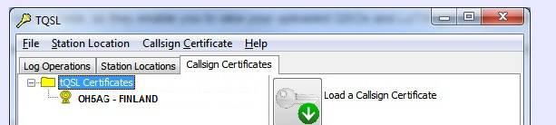 OMAN TILIN AVAAMINEN YKSITYISKOHTAISET OHJEET 7. Tämä sertifikaatti (OH5AG.TQ6) ladataan TQSL -ohjel maan joko Load Certificate File -alalehdellä tai klikkaamalla sertifikaattia.