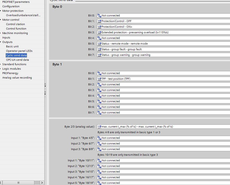 Cyclic send data sisältää bitti- ja analogiaviestejä, jotka Simocode pro lähettää masterille väylän kautta Byte 0 sisältää