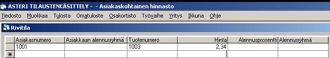 18/92 KÄYTTÖOHJE Asteri Tilaustenkäsittely tarkoittaa, että tuotetta numero 1005 saa hintaan 12 euroa/kpl, jos ostaa alle 10 kappaletta.